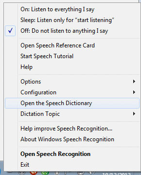 Speech Recognizer pop up menu in the System Tray