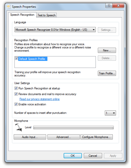 Advanced Speech Options in the Speech Recognition control panel