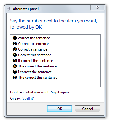 The Speech Recognition Correction Panel in Microsoft Word