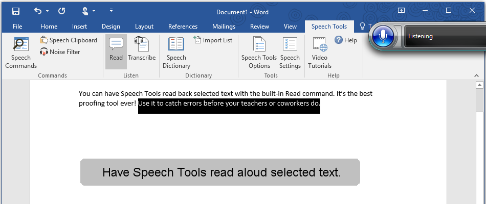 Have Speech Tools read selected text in Microsoft Word.