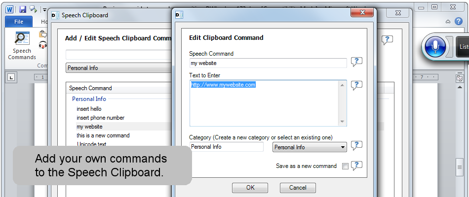 Add your own custom commands to the Speech Clipboard.