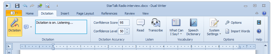 Dual Writer's transcription panel is just a click away.